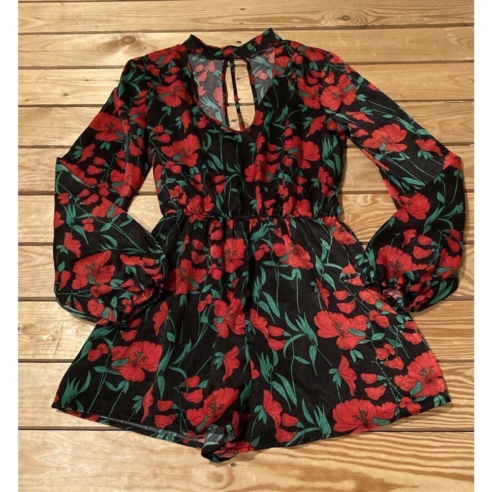 Lush Floral Long Sleeve Romper Size Small Women’s Black Red